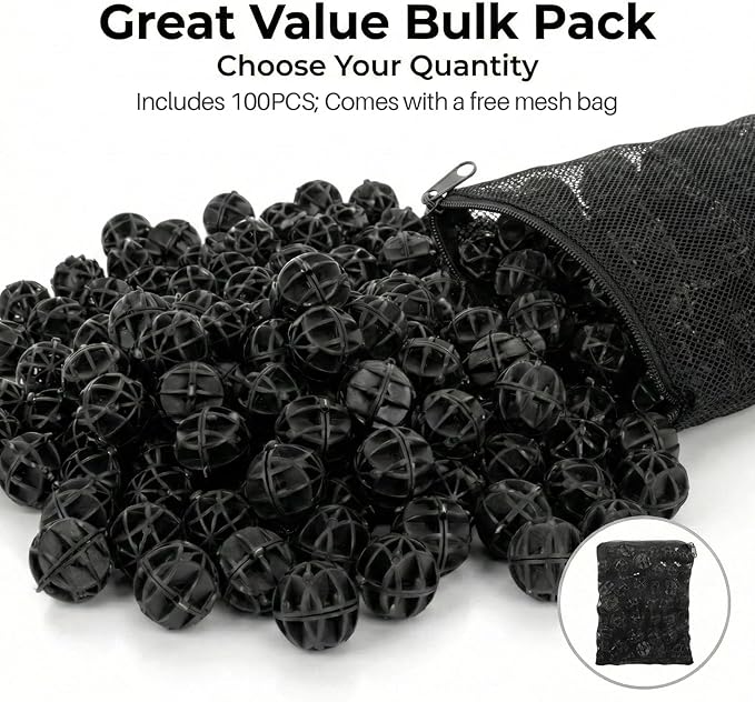 RAINFLOW Aquarium Bio Balls - 100pcs Black Bulk Sump Filter Media with Sponge Biological Filtration Media for Koi Pond,Fish Tank,Canister,Air Pump