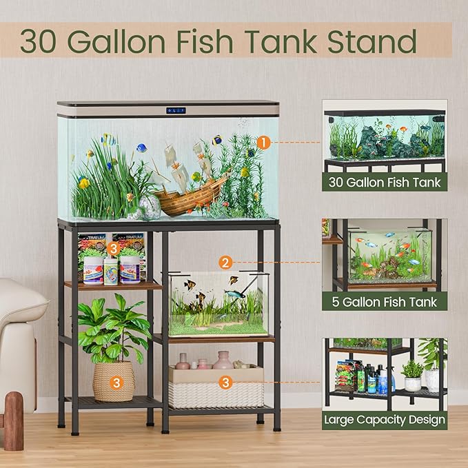 Snughome 30 Gallon Aquarium Stand, Fish Tank Stand with Shelf for Storage, 3 Tier Heavy Metal Frame Fish Tank Stand, 30 Gallon Aquarium Stand for Home Office, 30.31" x 12.01" x 30.31", Rustic Brown