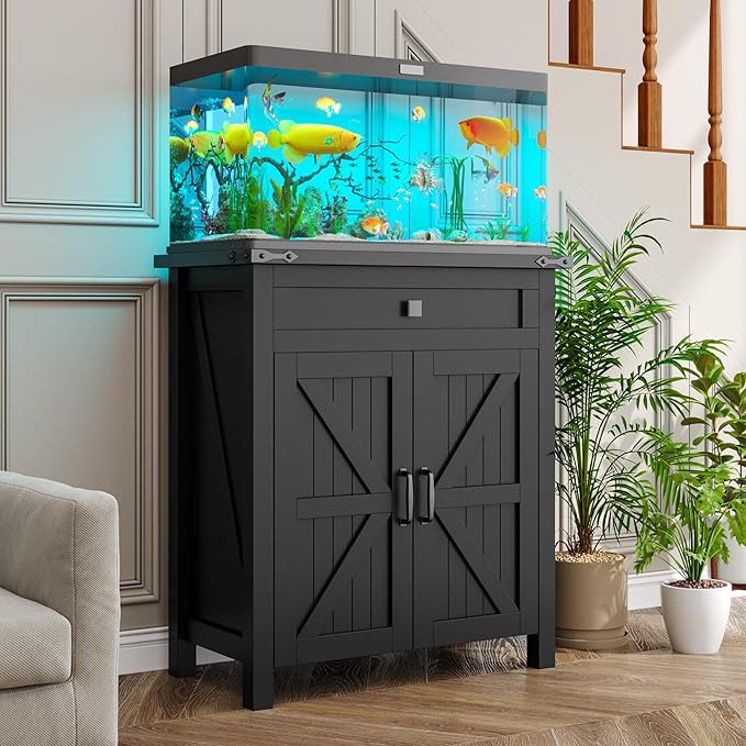 kepptory 20 Gallon Fish Tank Stand with Power Outlets, Farmhouse Decorative Aquarium Stand Furniture with Adjustable Shelves, 10-20 Gallon Reptile Turtle Tank Stand with Cabinet Storage (Black, 20GL)