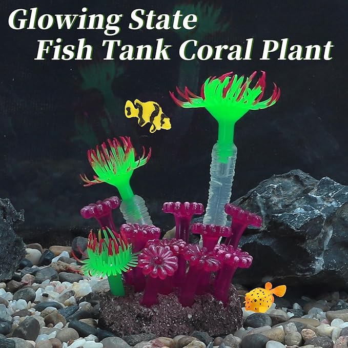 Aquarium Coral, Luminous Fish Tank Ornaments, Silicone Aquarium Plants, Fish Tank Coral, Fake Coral for Fish Landscape Decoration Aquarium Ornaments, Green Purple
