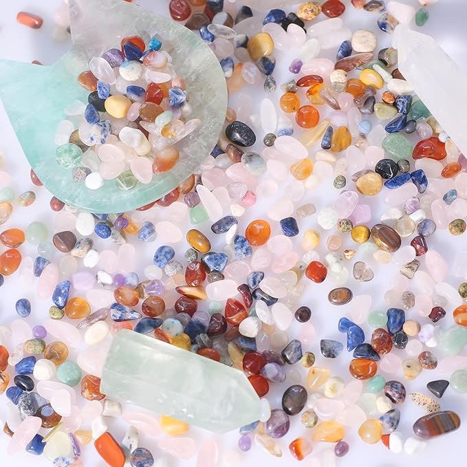 Crystal Chips Bulk, Tumbled Gemstone Chips Bulk 2lb, Poshlished Healing Crystals, for DIY Projects,Vase Filler, Succulent Soil, Potting Mix, Garden Decor, Aquarium & Fish Tank Gravel (Mixed,2 Pounds)