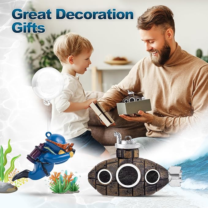 CousDUoBe 2.1 in Mini Floating Submarine Fish Tank Decoration Set,Cute Retro Submarine Set and Floating Diver,Aquarium Decorations Resinous Betta Fish Tank Accessories