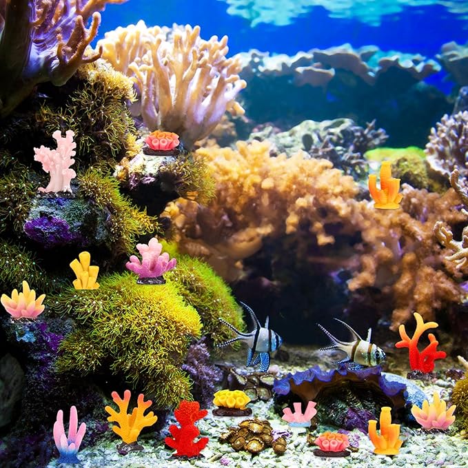 24pcs Mini Fake Resin Coral Reef, Miniature Resin Coral Figurines 12 Styles Colored Small Artificial Plants for Fish Tank Garden Flower Pot Bonsai Tiny Micro Landscape Decors Faux Coastal Beach Ocean
