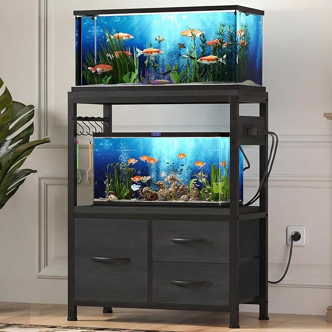 Heybly 10-20 Gallon Fish Tank Stand, Aquarium Stand with Drawer, Power Outlet, Heavy Duty Metal Frame, for Fish Tank, Turtle & Reptile Terrarium, 24.4" × 12.6" Top, 200lbs, Black HAS003SBK