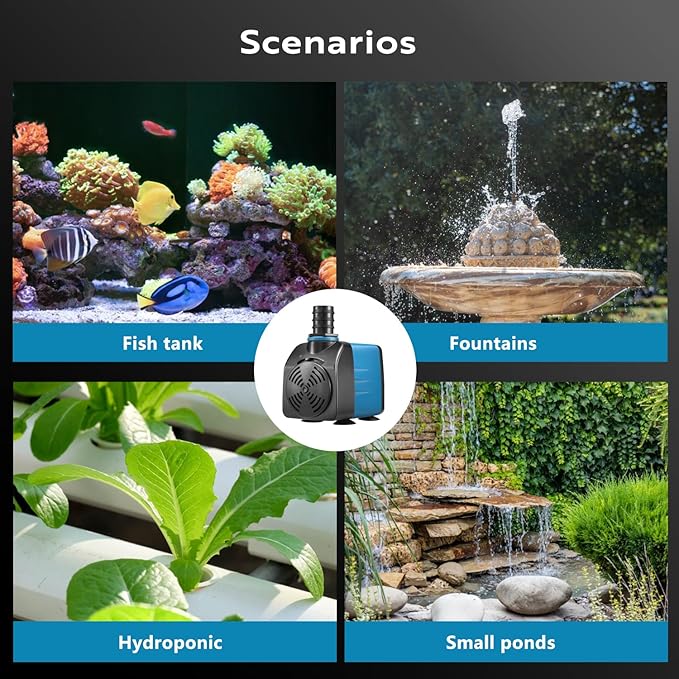 TONGCHANT Submersible Pump, 480GPH & 8.2ft Lift | 35W Adjustable Flow Fountain Pump for Small Pond Fish Tank & Aquarium, 3 Nozzles(1/2", 5/8" & 3/4"), Fish Safe & Ultra Quiet Operation, ETL Listed
