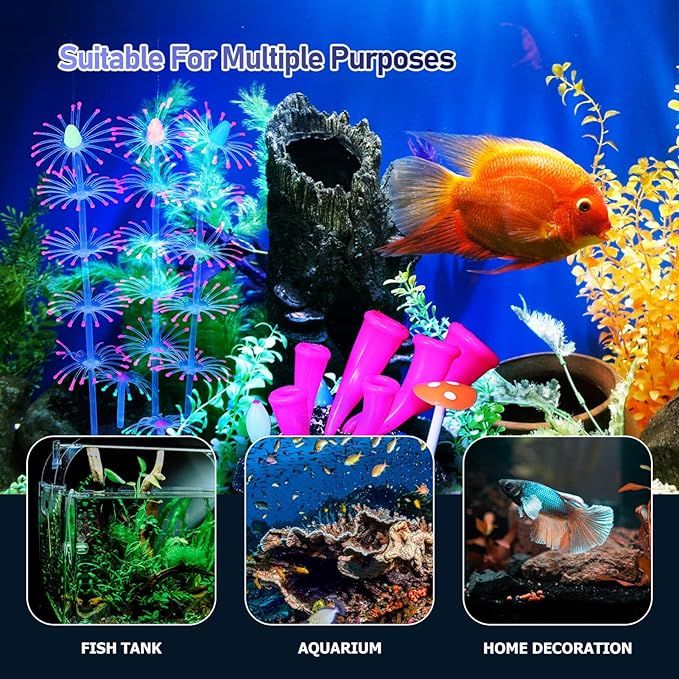 POPETPOP Glow in the Dark Fish Tank Decorations 2Pcs Artificial Coral Ornaments Silicone Aquarium Plants for Reef Decor 3.46X3.34X2.16In Safe Non-Toxic Aquarium Glow Decorations