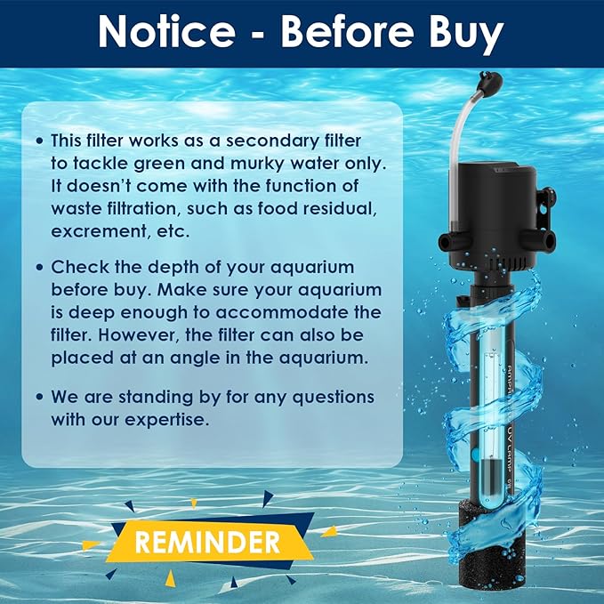 Aquarium Green Water Filter, U-V Light with Submersible Water Pump, U-V Filter with Aeration & Dual Water Outlet, 4-Speed Timer, for 10-40 Gallon Tank(135GPH/8W)