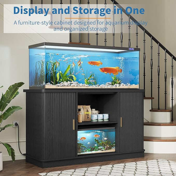 Fish Tank Stand, 75 Gallon Tank Stand with Sliding Cabinet Door, Heavy Duty Aquarium Stand with Power Outlet for Turtle Tank, Reptile Terrarium, 1000LBS Capacity (Black)