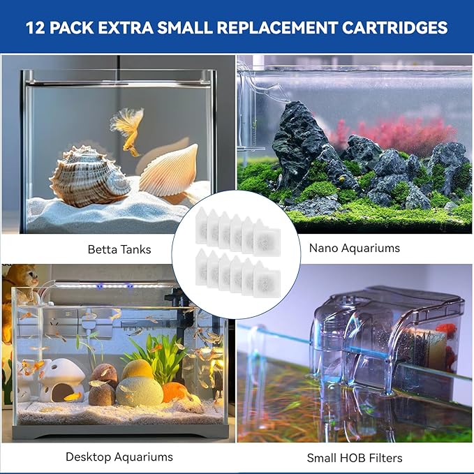 12 Pack Replacement Filter Cartridges - XS Replacement for Koller Products Extra Small Fish Tanks Filter, Refilled Filter Cartridges (XS) Size for Aquarium Kits Less 3 Gallons Aquarium Accessories