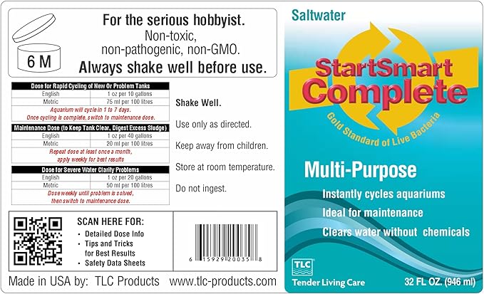 TLC Products StartSmart Complete Saltwater Aquarium Cycle Starter & Beneficial Nitrifiers, Supports Clear Water & Biofiltration, Reduces Excess Sludge, 32 oz. (946 ml)
