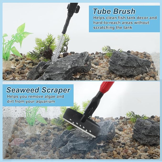 Fish Tank Cleaning Tools, 6 in 1 Fish Tank Cleaning Tools, Aquarium Cleaning Kit, Adjustable Telescopic Long Handle, with Scraper, Fish Net, Gravel Rake, Sponge Brush
