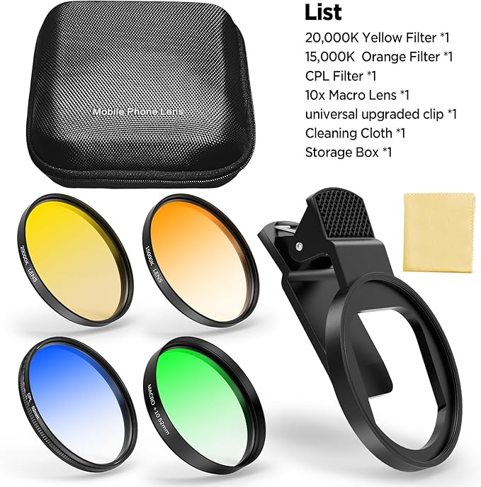 52MM Coral Reef and Reef Tank Filter Kit for Phone, CPL Polarizing+20,000k Yellow+15,000k Orange+10x Macro, Clip, Saltwater Aquarium Lens Compatible with iPhone16 15 Pro Max Samsung Moto Google TCL