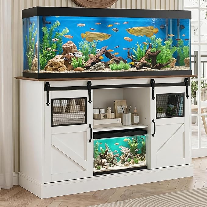 TITIMO 55-75 Gallon Fish Tank Stand with Power Outlet, Heavy Duty Large Aquarium Stand with Sliding Barn Door and Cabinet Storage for 2 Fish Tank Turtle Tank Reptile Terrarium, 1300LBS Capacity(White)