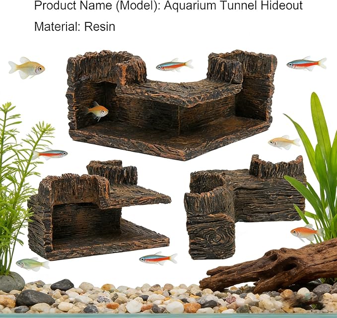 Fish Tank Tree Hole Hideout with 4 Artificial Aquarium Plants | Aquarium Hideout, Shrimp Cave, Aquarium Decor, Fish Tank Accessories for Betta, Guppy, Shrimp, Small Fish