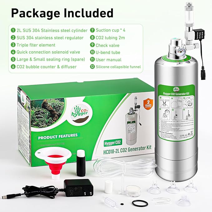2L Aquarium CO2 Generator System, CO2 System Kit with Regulator and Needle Valve for Aquarium Plants Tanks