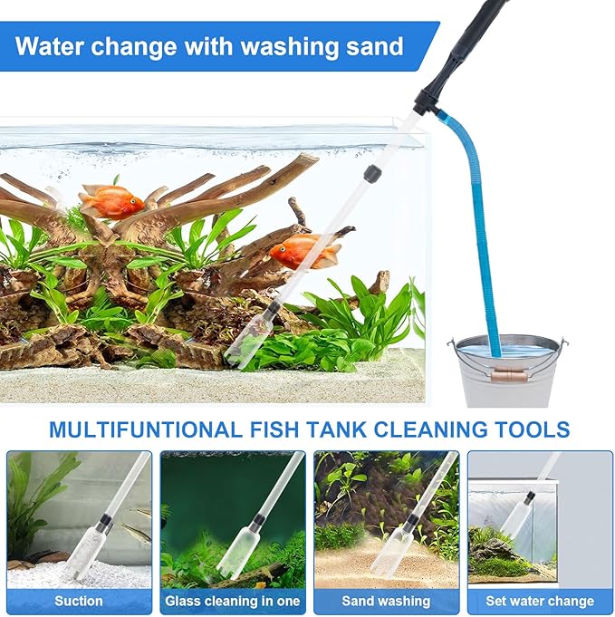 Fish Tank Siphon Vacuum Cleaner, Aquarium Gravel Cleaner with Filter, Fish Tank Cleaner for Water Change, Sand Cleaning and Remove Dirt, 4 in 1 Fish Tank Cleaner Vacuum with Adjustable Length