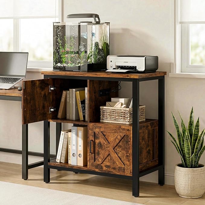 20-29 Gallon Fish Tank Stand with Power Outlet, Farmhouse Aquarium Stand with 2 Cabinets, 20 Gallon Fish Stand with 4 Adjustable Legs, 16.5" L*30.7" W Tabletop (Brown)