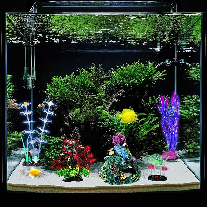 Halloscume 5 Pcs Fish Tank Decorations Glow in the Dark Betta Tank Decorations Fish Aquarium Accessories Ornaments Colorful Coral Reef Decor Set Include Coral Reef, Water Grass, Lotus Leaf and Kelp