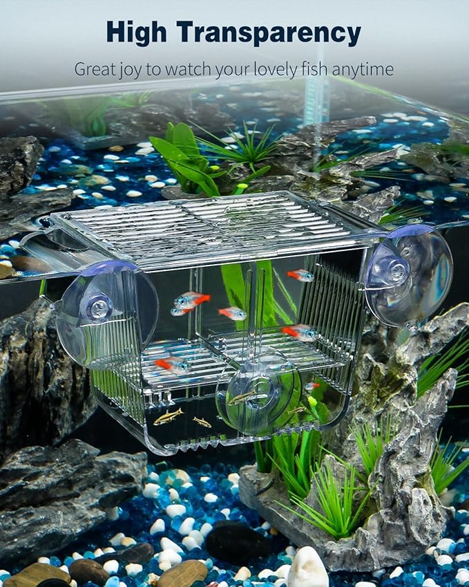 Pawfly Aquarium Breeding Box, Acrylic Fish Isolation Box with 6 Suction Cups, Aquarium Acclimation Hatchery Incubator for Baby Shrimp Betta Aggressive Fish Guppy (Small)