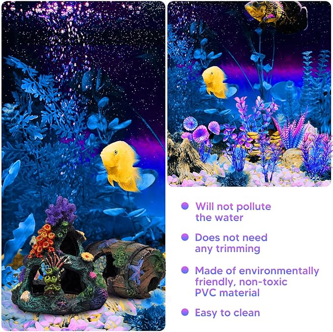 Betta Fish Tank Decor Accessories, Colorful Coral Reef Aquarium Decor Set with Coral Mountain Hideout, Starfish Bucket and 6 Aquatic Plants, Fish Aquarium Decor for Beta Fish Aquariums and Betta Fish