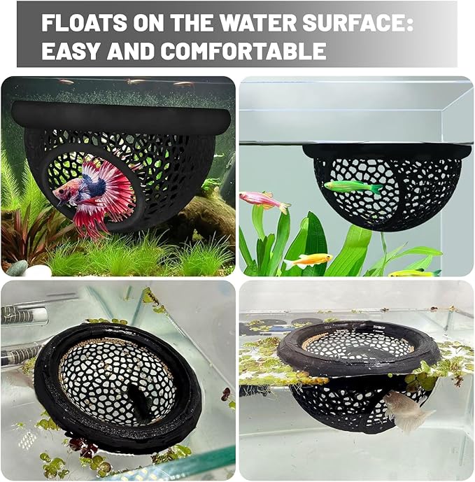 Floating Betta Hammock & Shrimp Shelter – 3D Printed Aquarium Decor with Feeding Ring, Safe Resting Spot for Betta Fish, Shrimp and Small Fish(Black)