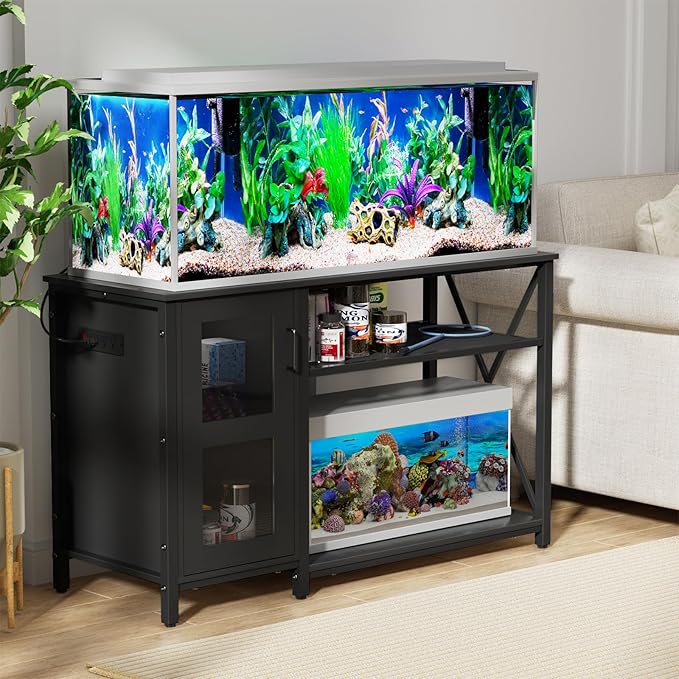 BEURUKU 55-75 Gallon Fish Tank Stand , Aquarium Stand with Cabinet & Power Outlets for Fish Tank Accessories Storage, Heavy Duty Metal Terrarium Stand, 52" L*19" W Tabletop, 1200LBS Capacity, Black