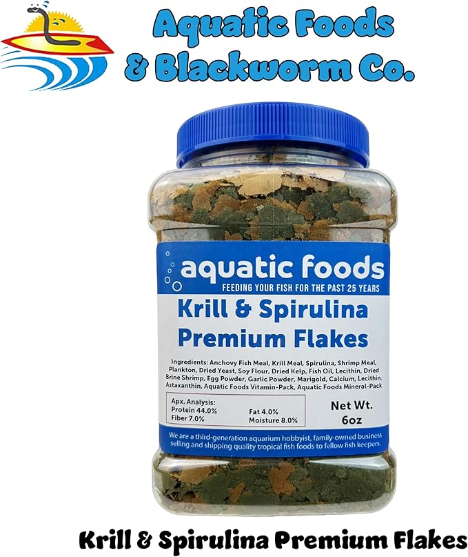 Premium Krill & Spirulina Flakes for Cichlids, Discus, Angels, Tetras, Guppies, Koi, Goldfish, All Tropical Fish Also Pellet Mix, Wafer Mix Included…6oz Jar
