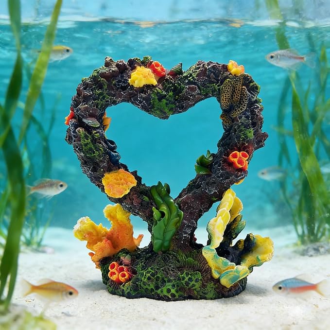 Heart Shaped Aquarium Coral Ornament, Resin Fish Tank Decoration with Realistic Coral & Moss, Safe for Freshwater/Saltwater Aquariums, Aquascaping Hideout for Small Fish and Shrimp