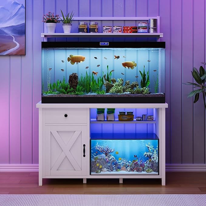 55-75 Gallon Fish Tank Stand with Power Outlet, Led Light, Heavy Duty Aquarium Stand with Cabinet for Fish Tank Accessories Storage, Shelf, for Turtle Tank, Reptile Terrarium, 1100 LBS (White)