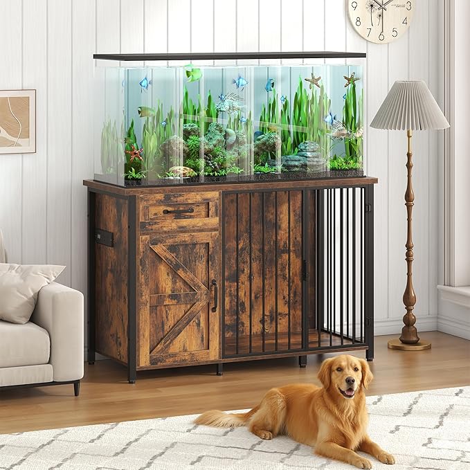 kepptory 55-75 Gallon Fish Tank Stand with Dog Crate, Multifunctional Aquarium Stand with Cabinet and Power Outlets for Larger Aquariums and Versatile Use (Brown)