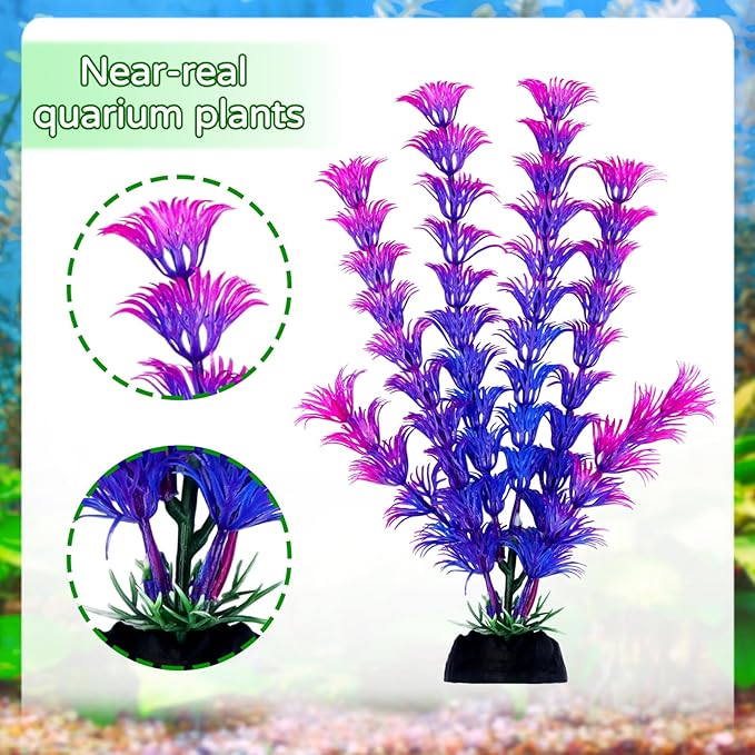 QUOZUO Fish Tank Accessories Aquarium Decorations Plants, 9pcs Colorful Fish Tank Artificial Plants and Cave Rock Decor Set, Aquarium Decor Plastic Plants