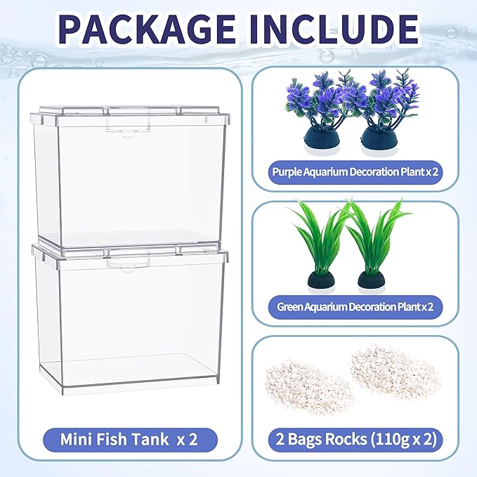 MoonOrange Mini Betta Fish Tank, Small Fish Bowl for Temporary Space, 0.2 Gallon Stackable Cube Tank with Artificial Plants and Gravels for Small Fish, Insect, Shrimp, Crab, Spider. (Pack-2)