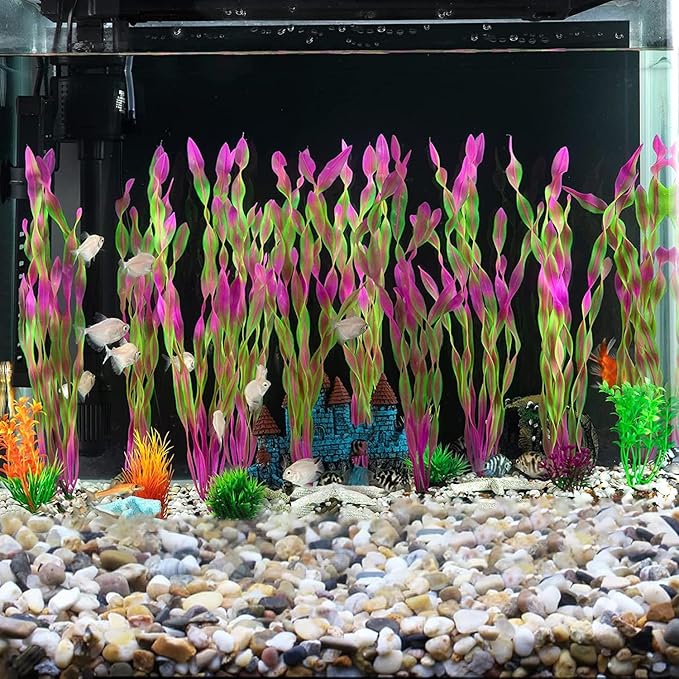 Artificial Aquarium Plants, Green Plastic Fish Tank Decorations, 12 Inch Tall Water Plants with Stable Base, 10 Pack, Safe for Fish (Pink)