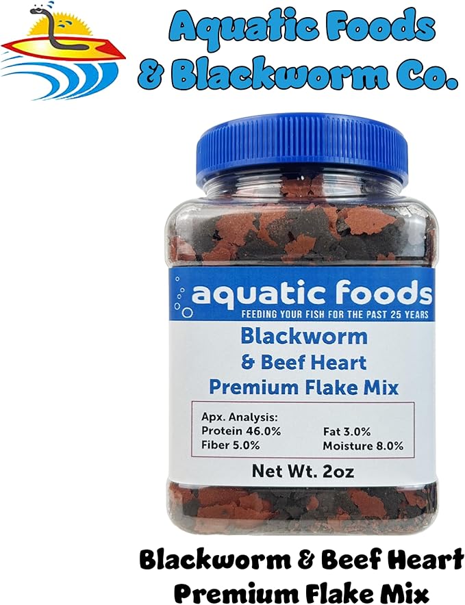 45% Blackworm Flake & Beef Heart Flake Mix for Discus, Cichlids, All Tropical Fish. Aquatic Foods Premium Flakes…2oz Small Jar