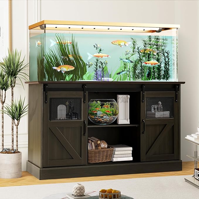 55-75 Gallon Fish Tank Stand with Sliding Barn Doors & Power Outlet, Heavy Duty Aquarium Stand with Cabinet Storage for 2 Fish Tank/Turtle Tank/Reptile Terrarium Accessories, 1300LBS (Grey)