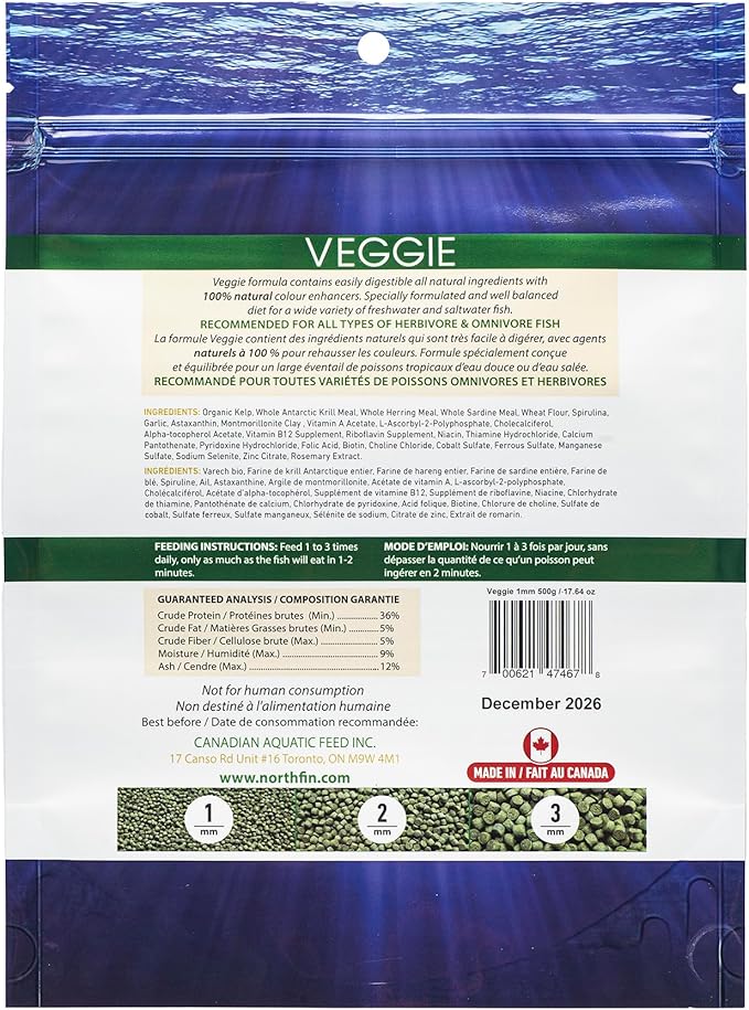 Northfin Veggie Fish Food Formula – Slow Sinking Pellets for Herbivorous Fish (1mm, 500g) | Premium Organic Kelp-Based Diet with Spirulina & Astaxanthin for Enhanced Color & Digestive Health