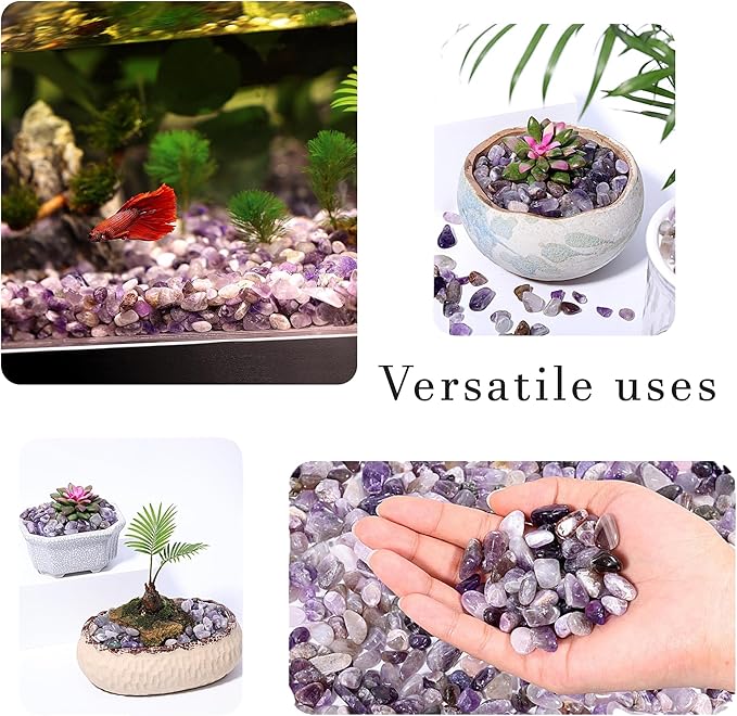 Polished Amethyst Crystal Chips Bulk Tumbled Healing Gemstone Chips Bulk, DIY, Vase Filler, Succulent Pebbles, Potting Mix Soil, Garden Decor, Aquarium Gravel & Fish Tank Rocks (Chevron Amethyst, 1lb)