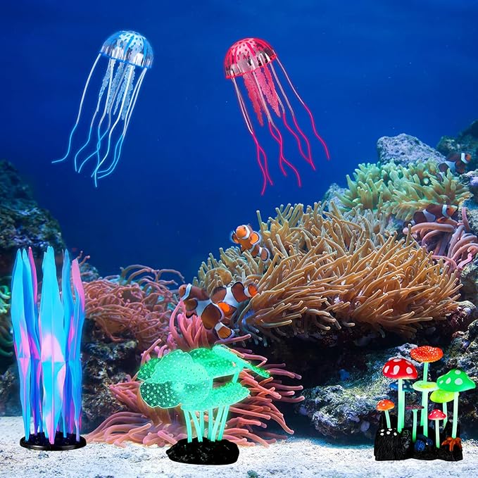 Frienda 8 Pieces Glowing Effect Fish Tank Decorations Artificial Plants with 2 Style Glowing Kelp, Sea Anemone, Simulation Coral, Jellyfish, Lotus Leaf, Mushroom for Aquarium Ornament(Blue, Pink)