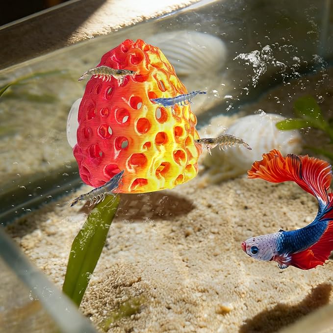 Shrimp Dome Hide, Shrimp Hides for Aquarium, Betta Fish Hideout with Suction Cup, Betta Habitat Tank Ornament Accessories, Aquarium Decor for Small Fish Guppy Hiding Resting (Gold Red)