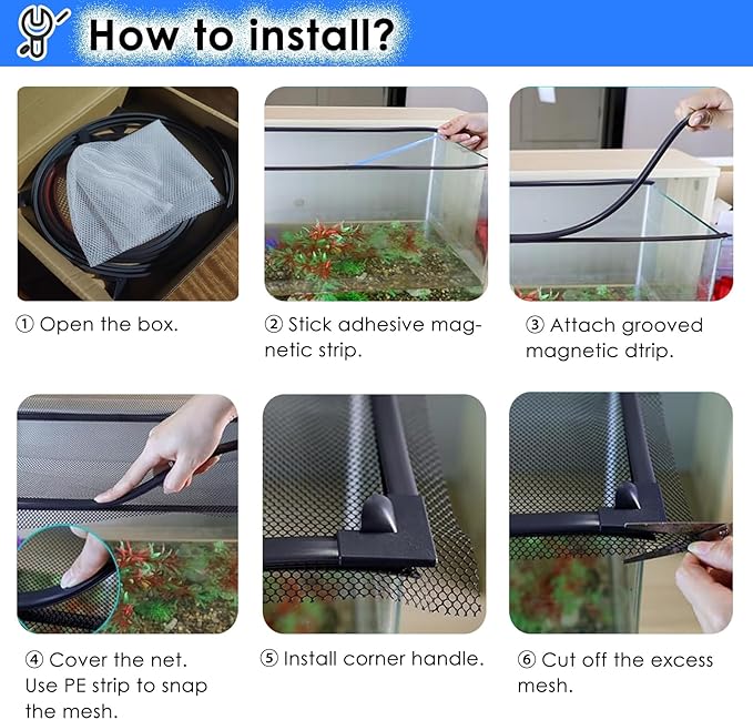 DIY Fish Tank Top Cover/Anti-Jumping Net with Magnetic Edges, Mesh Terrarium Lid Aquarium Hood, Square Ventilation Opening Screen Netting, Cut to Size(L19.7xW17.7in/50x45cm)