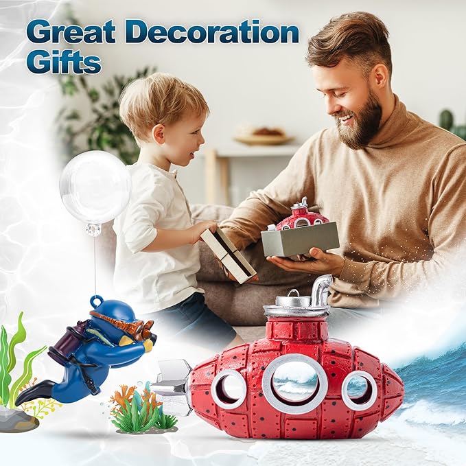 CousDUoBe New Upgrade Floating Fish Tank Decoration, Cute Retro Submarine Set and Floating Diver,Three Float Balls, Aquarium Decorations Resinous Betta Fish Tank Accessories