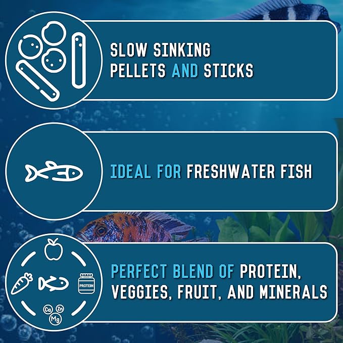 RON'S CICHLIDS Adult African Cichlid Fish Food Pellets – USA Made Slow Sinking Cichlid Pellets & Sticks Feed, Low Fillers, Ideal for Cichlid Food, Koi, Goldfish, Pleco, Oscar & Tropical Fish, 8 OZ