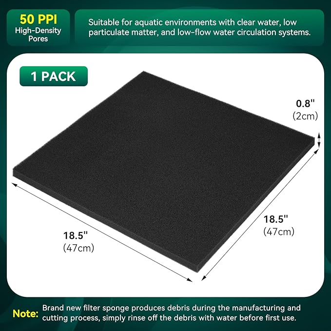 Borlech Aquarium Bio Filter Sponge Pad - Cut-to-Size Aquarium Filter Media for Fish Tank, Pond, Sump - Mechanical & Biological Filtration (18.5"x18.5"x0.8", 50PPI, 1 Pack)