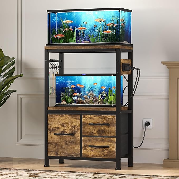 Heybly 5-10 Gallon Fish Tank Stand, Aquarium Stand with Drawer, Power Outlet, Heavy Duty Metal Frame, for Fish Tank, Turtle & Reptile Terrarium, 20.5" × 10.2" Top, 200lbs, Rustic Brown HAS002SSR