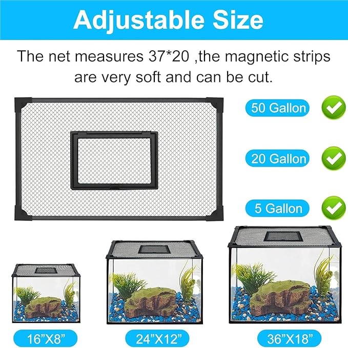 Mesh Screen Netting for Fish, DIY Magnetic Fish Tank Lid and Turtle Top Cover Mesh Self Assembly Multiple Sizes(80x40cm)