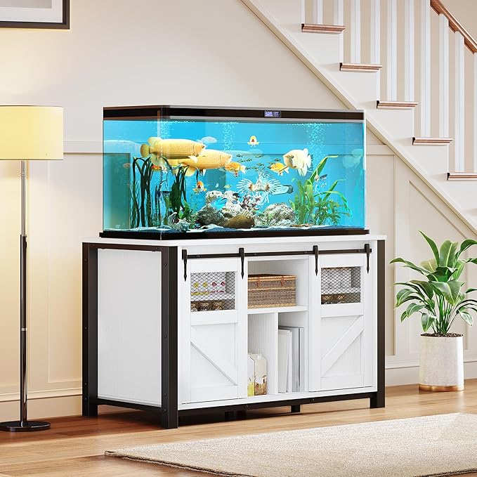 DWVO 40-120 Gallon Fish Tank Stand with Power Outlets, Heavy Duty Large Aquarium Stand with Barn Door, Reptile Tank with Storage Terrariums Table for Turtle Fish, White