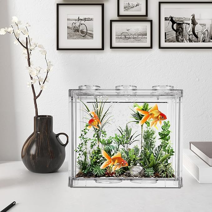 4PCS Plastic Small Betta Fish Tank, 0.6 Gallon Stackable Fish Bowl, Cube Fish Aquarium Tank for Shrimp, Turtle, Small Crab (Clear)