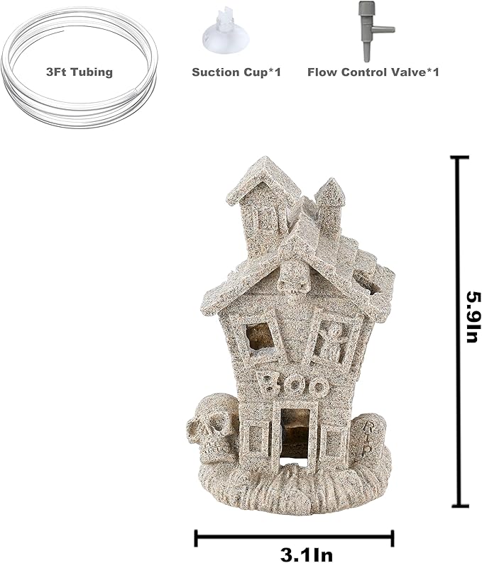 Carefree Fish Aquarium Haunted House Halloween Ghost Bubbler Decor Fish Hide-Out Ornament with 3Ft Tubing and Tiny Air Stone(No Included Air Pump