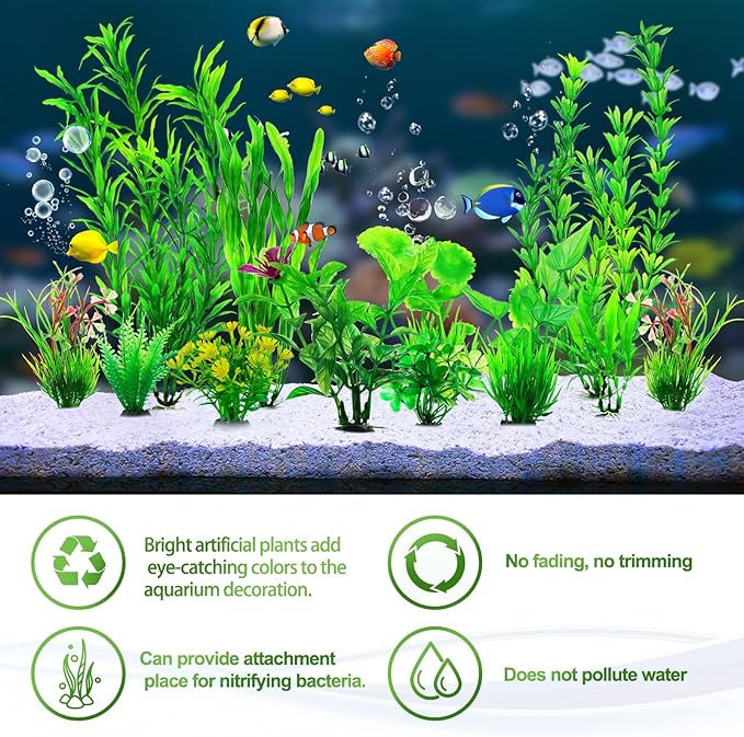 CousDUoBe 12pcs Fish Tank Accessories Aquarium Decorations Green Plants, Green Fish Tanks Decoration Plants, Fish Tank Decor, Aquarium Decor Plastic Plants