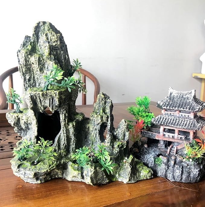 AWXZOM Extra Large Aquarium Decorations kit - “Ancient Temple in The Mountain”, Japanese Aquarium Decorations Resin Aquarium Castle Decorations Aquarium Mountain View Stone